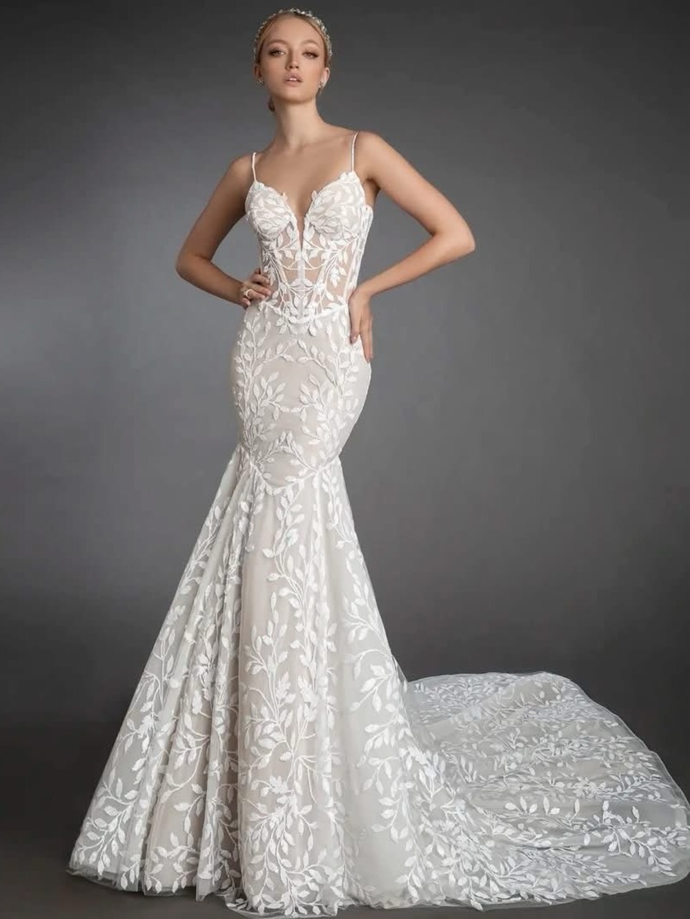 Pnina Tornai White Lace Illusion Mermaid Wedding Dress